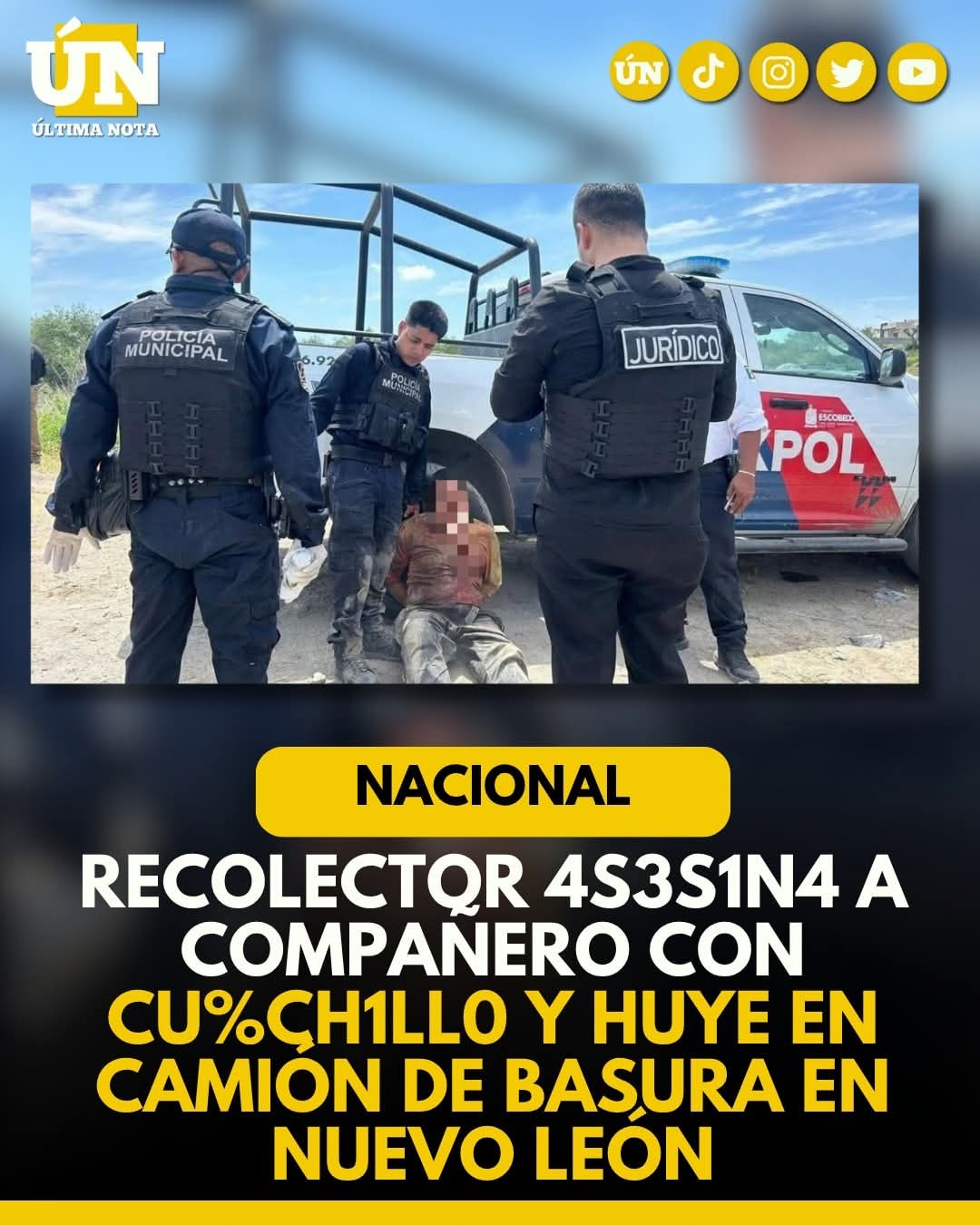 Recolector 4s3s1n4 a compañero con cu%ch1ll0 y huye en camión de basura en Nuevo León.