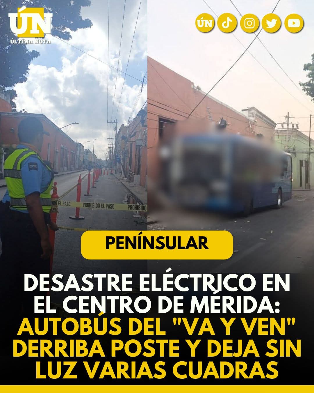 Desastre eléctrico en el centro de Mérida: autobús del “Va y Ven” derriba poste y deja sin luz varias cuadras.