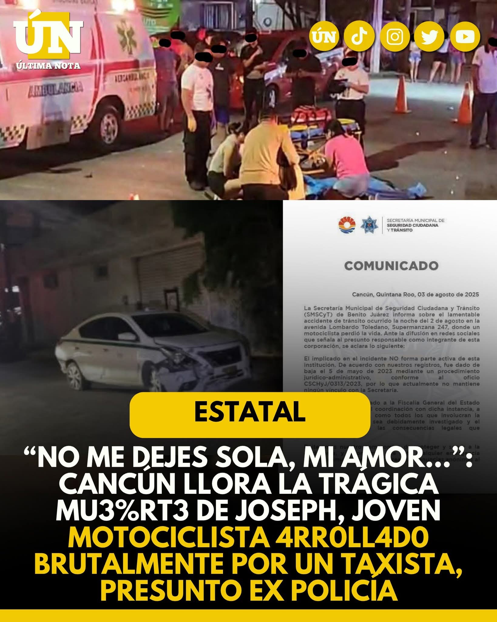 “No me dejes sola…”: Cancún llora la trágica mu3%rt3 de Joseph, joven motociclista 4rr0ll4d0 brutalmente por un taxista, presunto ex policía.