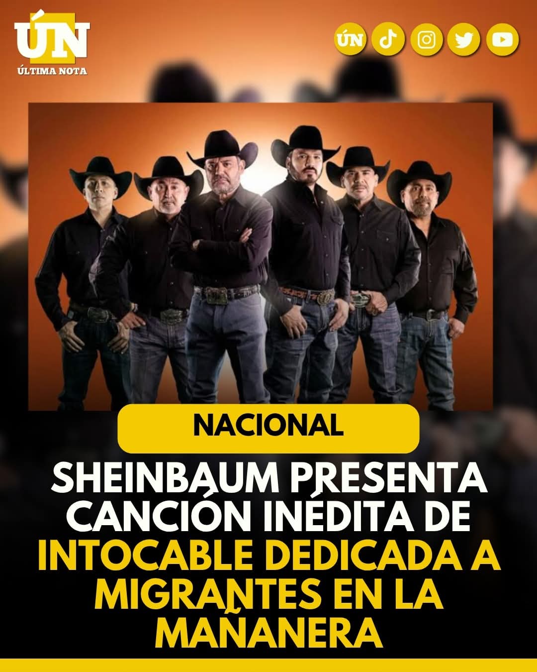 Sheinbaum presenta canción inédita de Intocable dedicada a migrantes en La Mañanera.