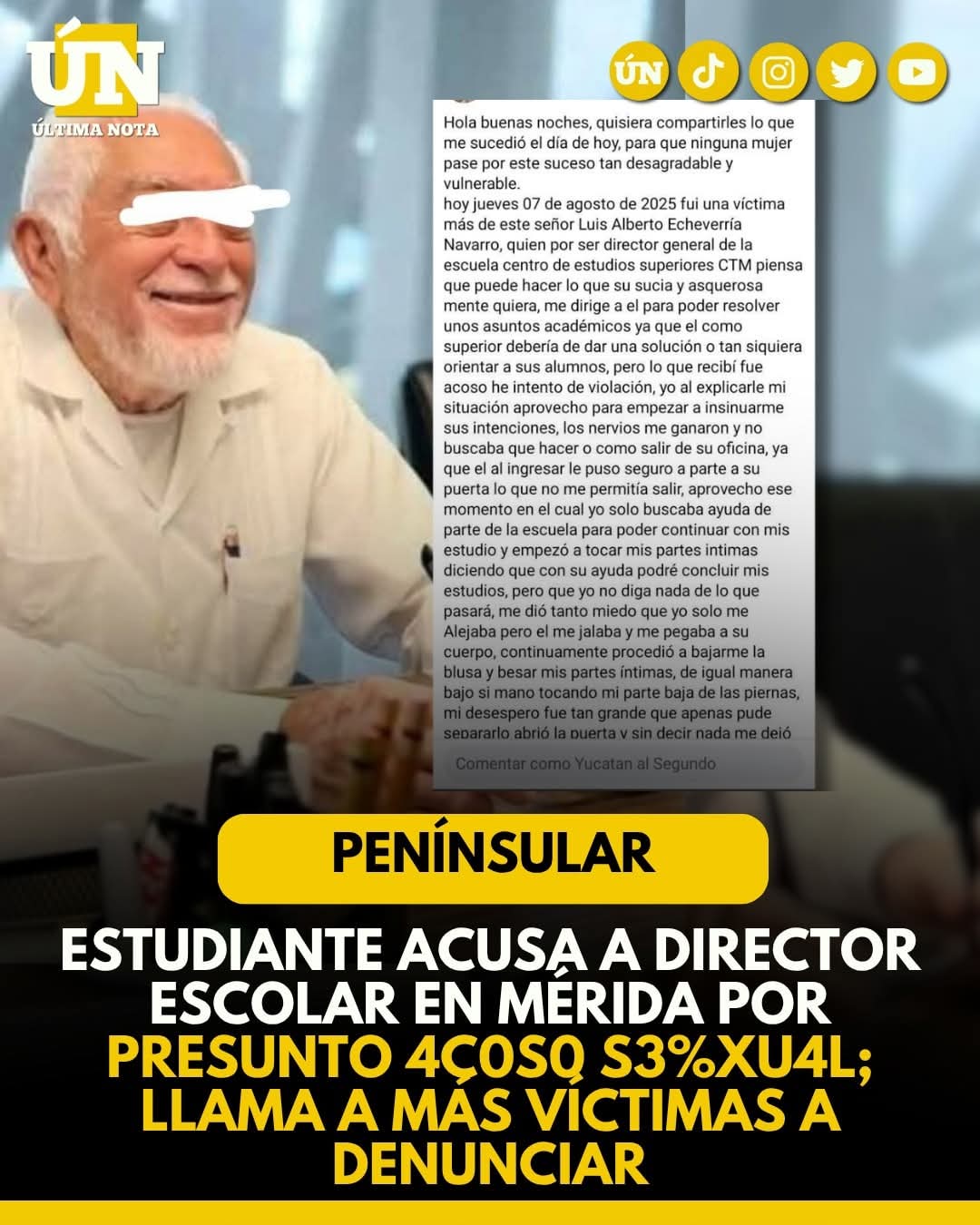 Estudiante acusa a director escolar en Mérida por presunto 4c0s0 s3xu4l ; llama a más víctimas a denunciar.