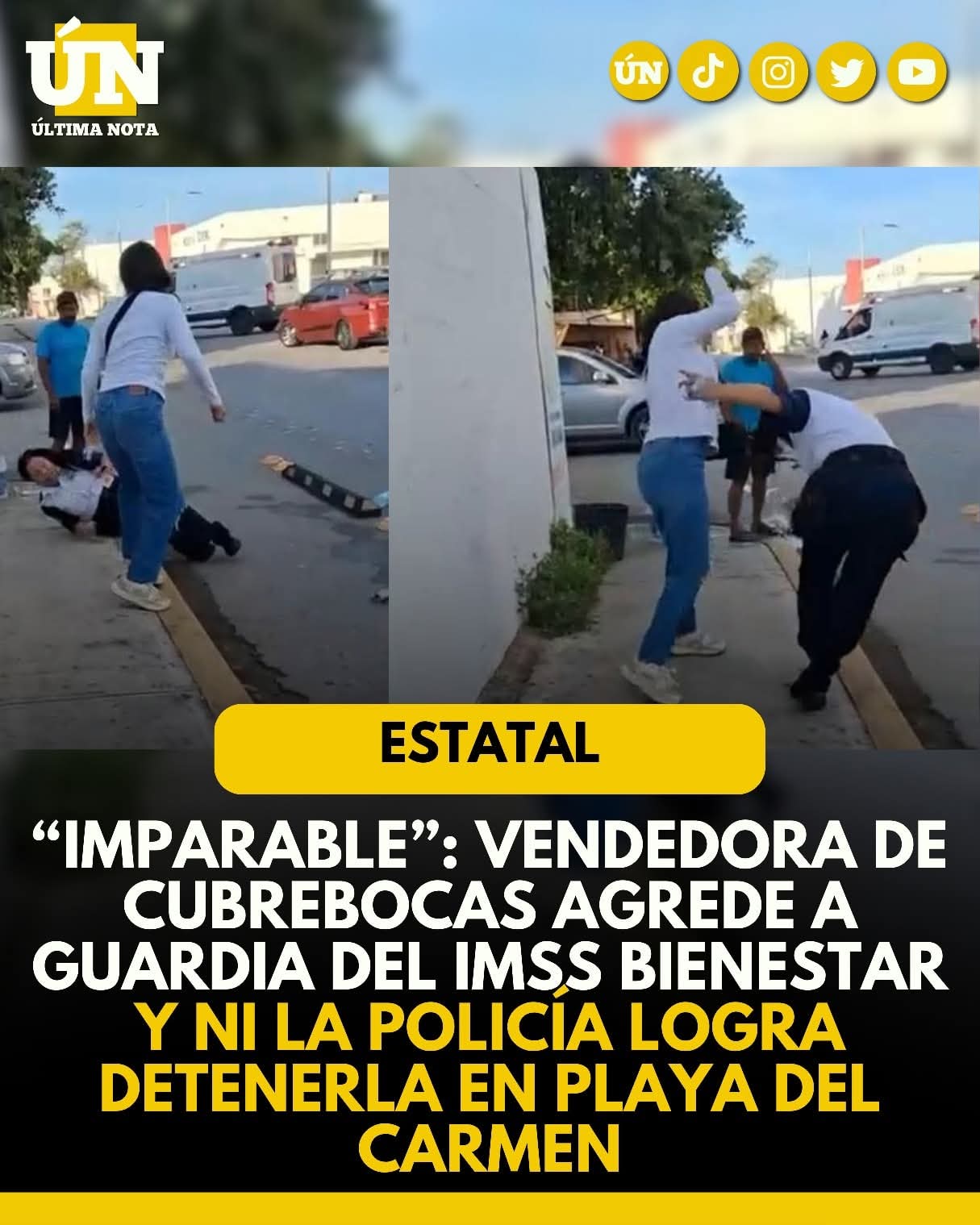 “Imparable”: Vendedora de cubrebocas agrede a guardia del IMSS Bienestar y ni la policía logra detenerla en Playa del Carmen.