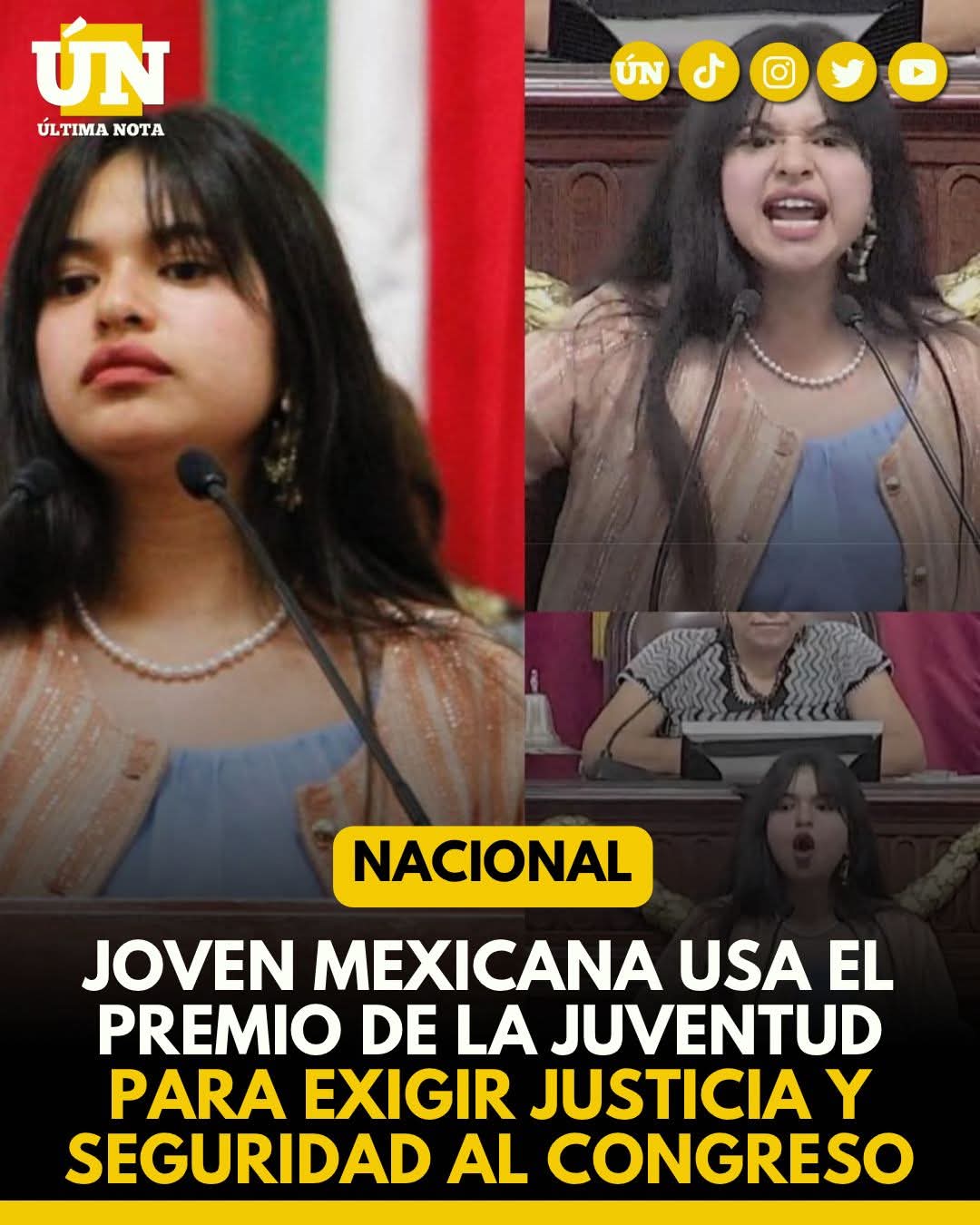 Joven mexicana usa el Premio de la Juventud para exigir justicia y seguridad al Congreso.