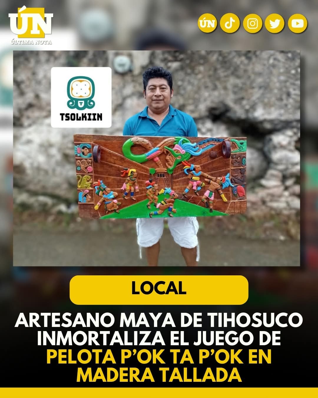 Artesano maya de Tihosuco inmortaliza el juego de pelota P’ok ta P’ok en madera tallada.