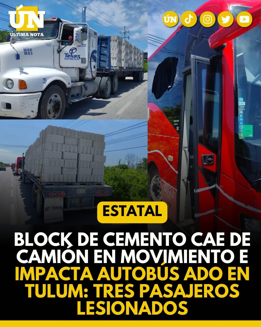 Block de cemento cae de camión en movimiento e impacta autobús ADO en Tulum: tres pasajeros lesionados.