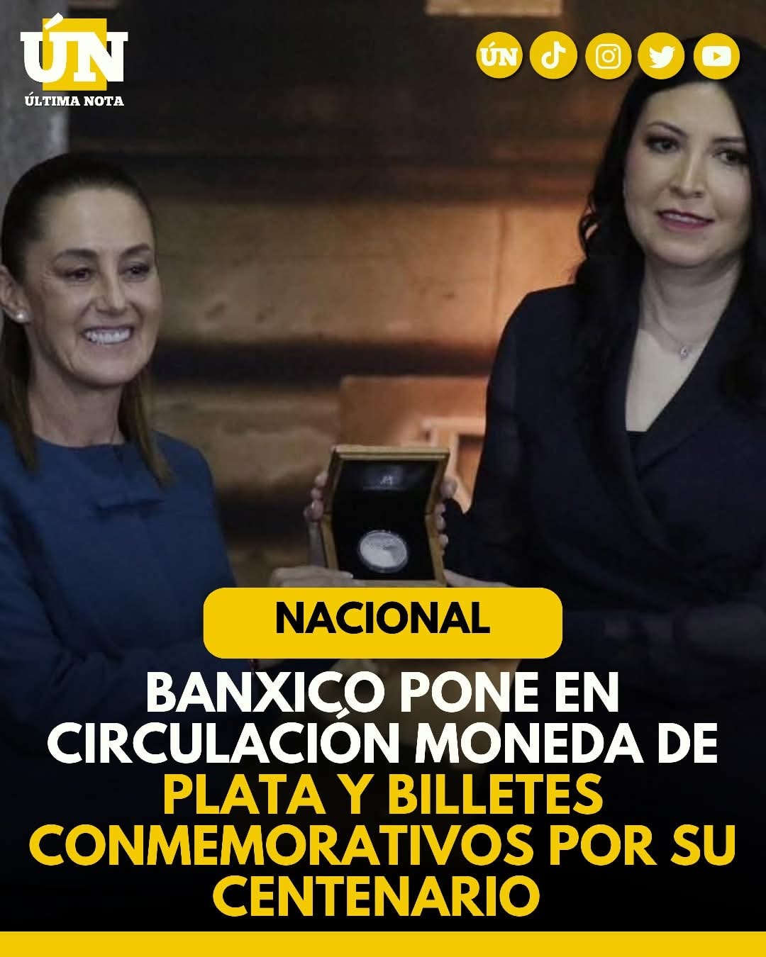 Banxico pone en circulación moneda de plata y billetes conmemorativos por su centenario.