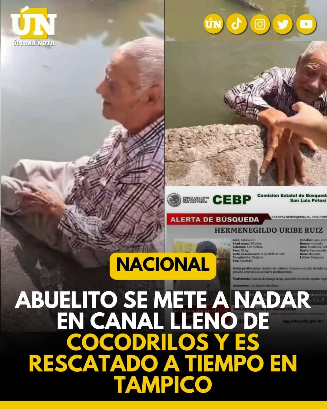 Abuelito se mete a nadar en canal lleno de cocodrilos y es rescatado a tiempo en Tampico.
