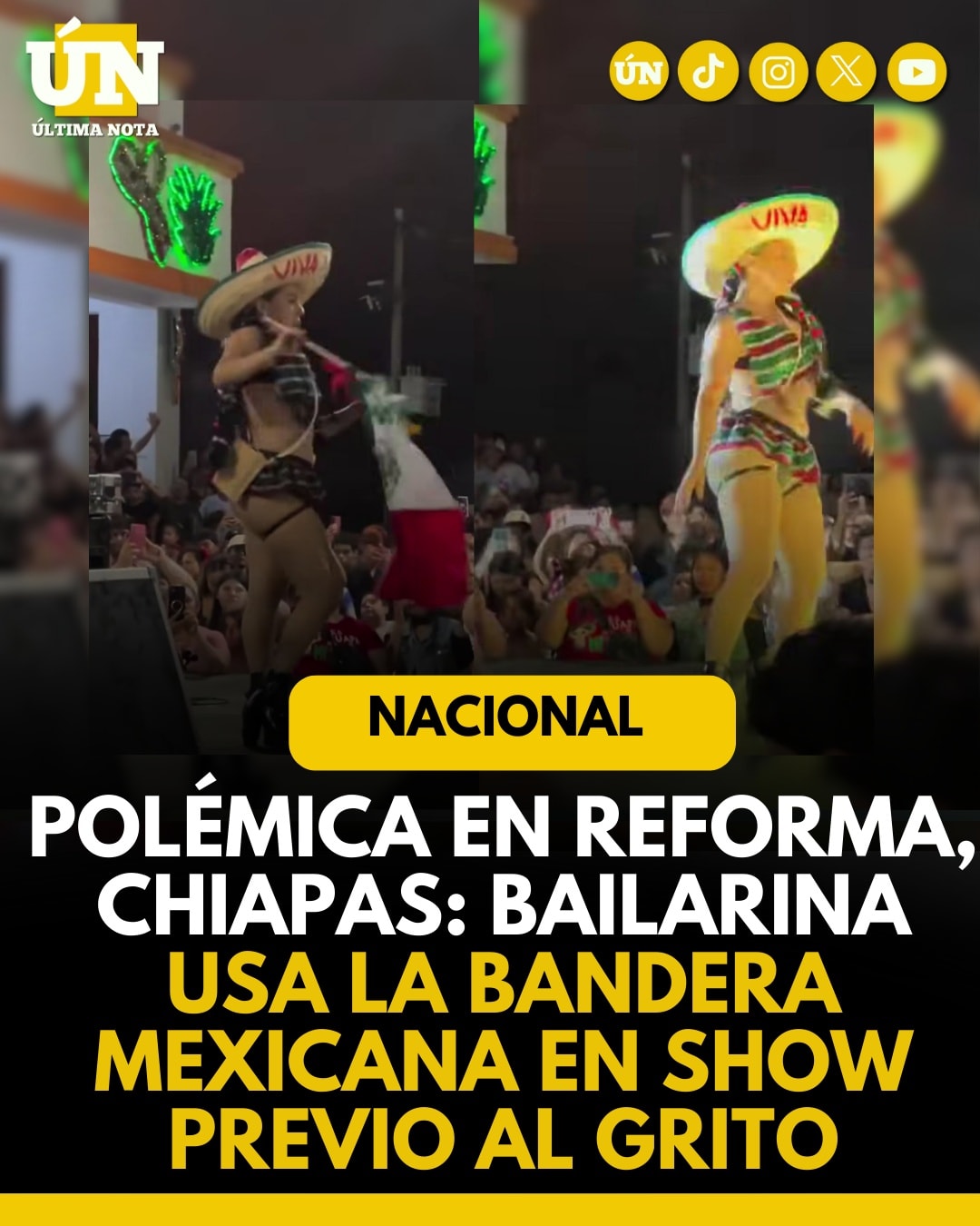 Polémica en Reforma, Chiapas: bailarina usa la bandera mexicana en show previo al Grito.