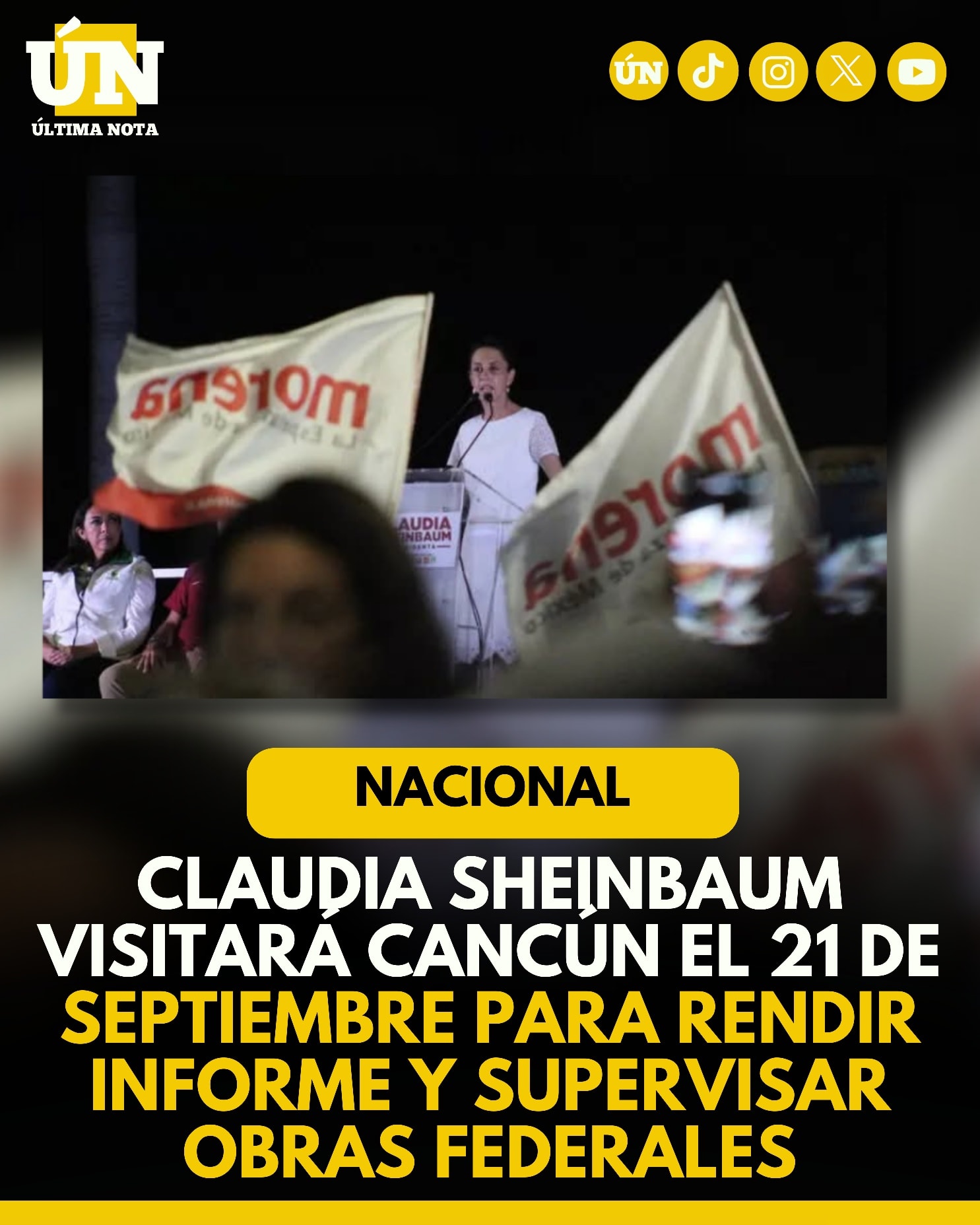 Claudia Sheinbaum visitará Cancún el 21 de septiembre para rendir informe y supervisar obras federales.