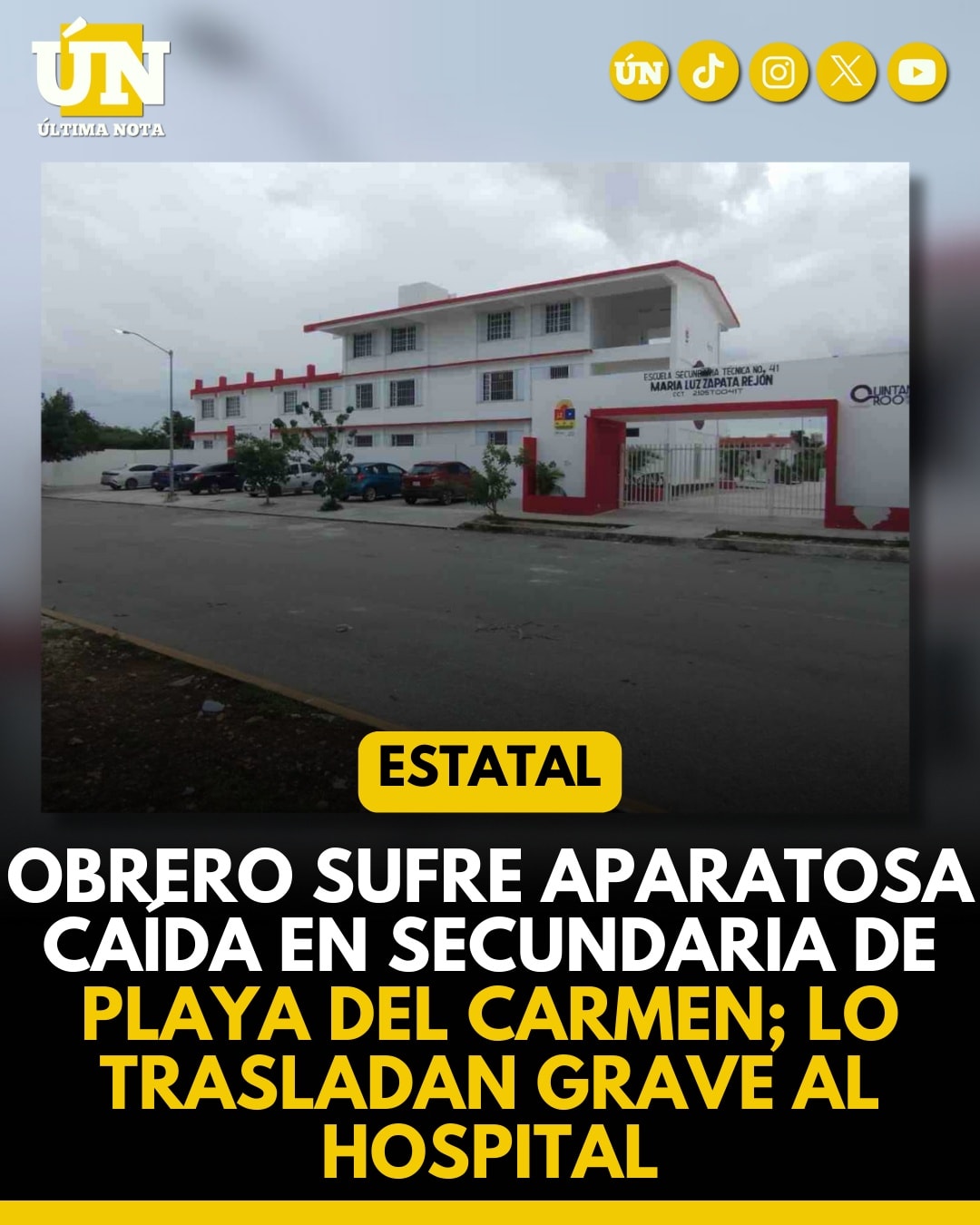 Obrero sufre aparatosa caída en secundaria de Playa del Carmen; lo trasladan grave al hospital.