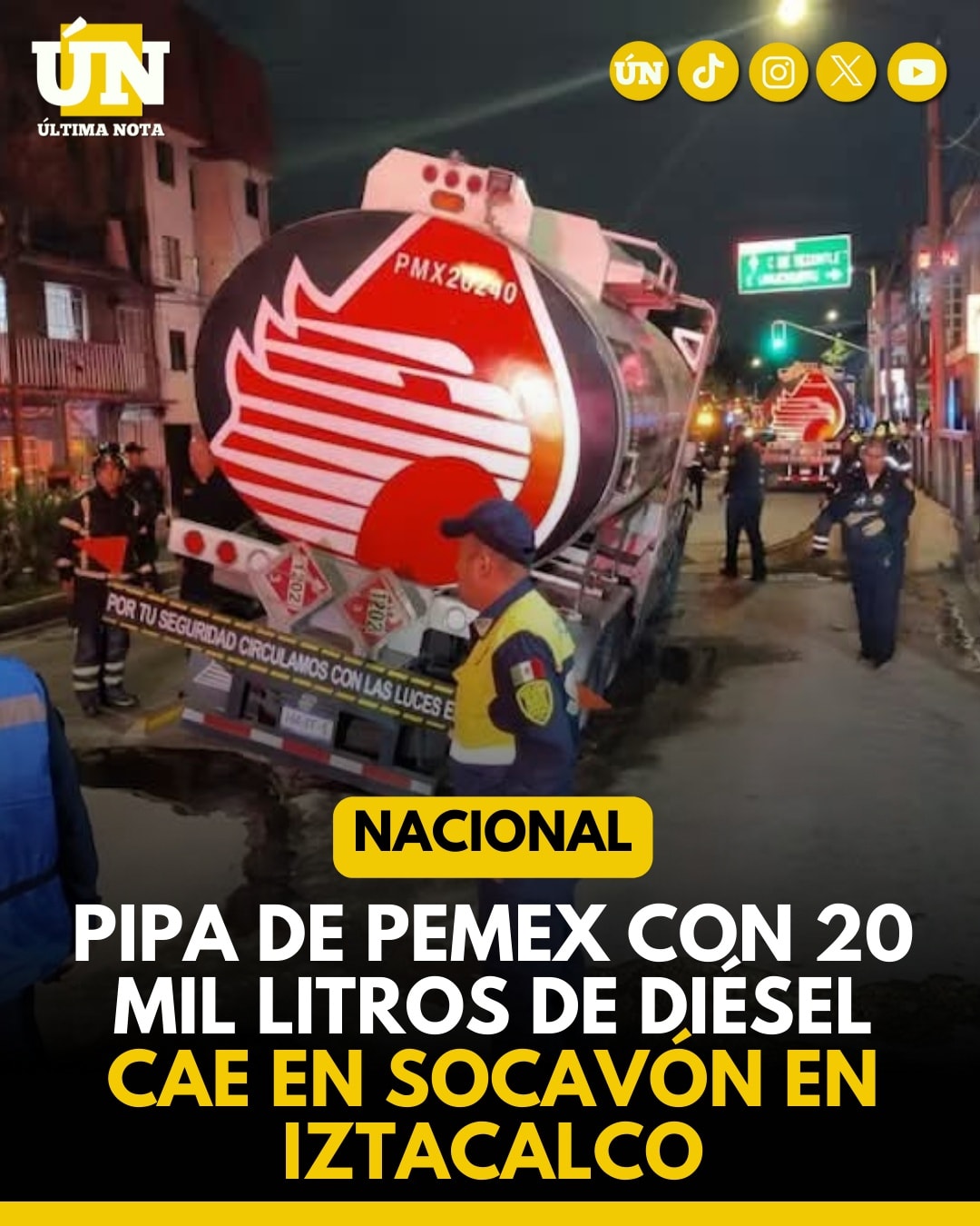 Pipa de Pemex con 20 mil litros de diésel cae en socavón en Iztacalco.