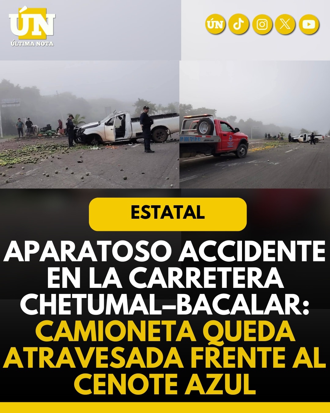 Aparatoso accidente en la carretera Chetumal–Bacalar: camioneta queda atravesada frente al Cenote Azul.