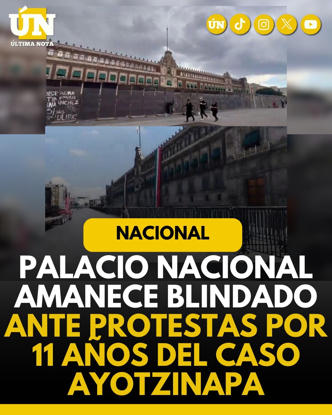 Palacio Nacional amanece blindado ante protestas por 11 años del caso Ayotzinapa.