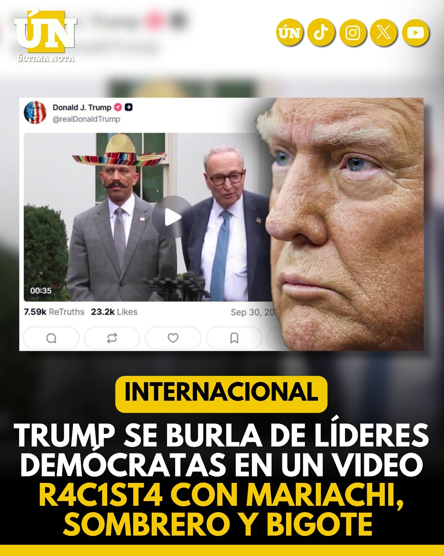 Trump se burla de líderes demócratas en un video r4cist4 con mariachi, sombrero y bigote