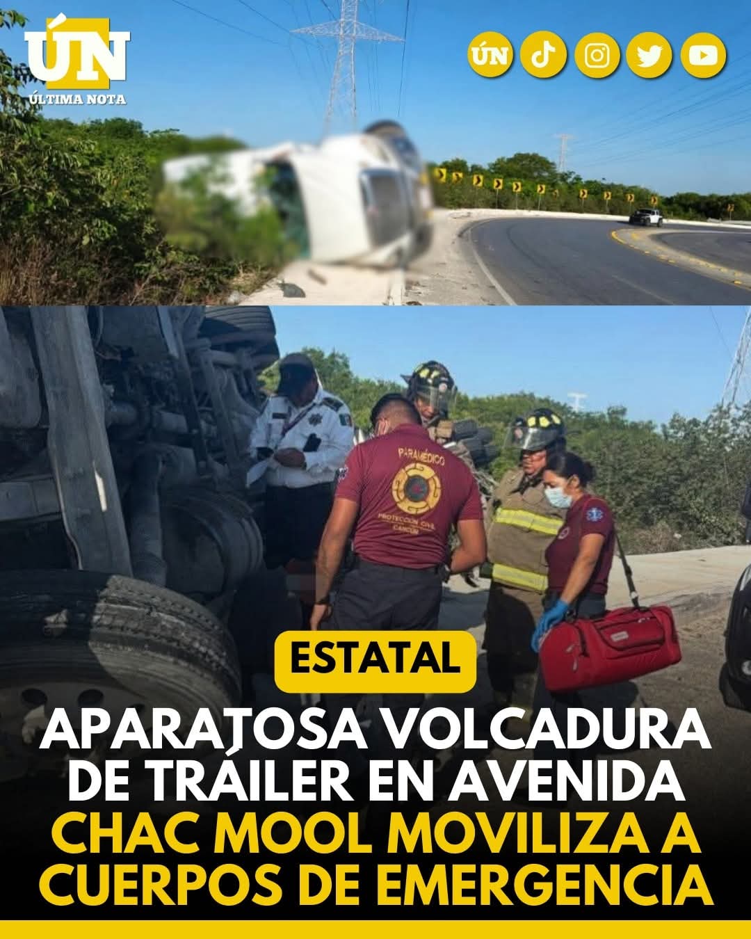 Aparatosa volcadura de tráiler en avenida Chac Mool moviliza a cuerpos de emergencia.