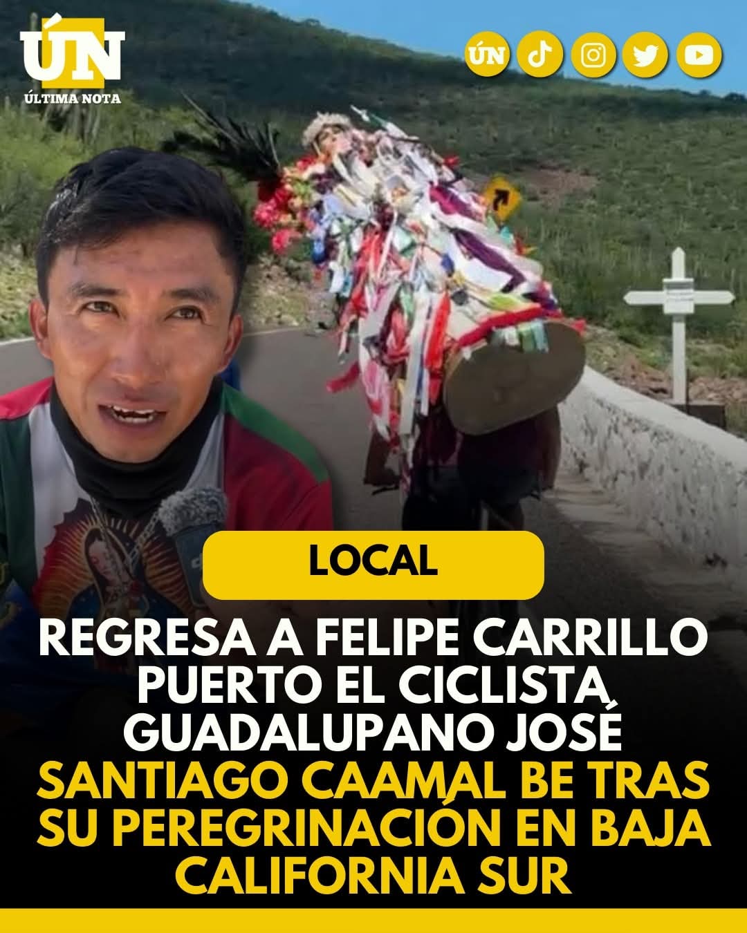 Regresa a Felipe Carrillo Puerto el ciclista guadalupano José Santiago Caamal Be tras su peregrinación en Baja California Sur.