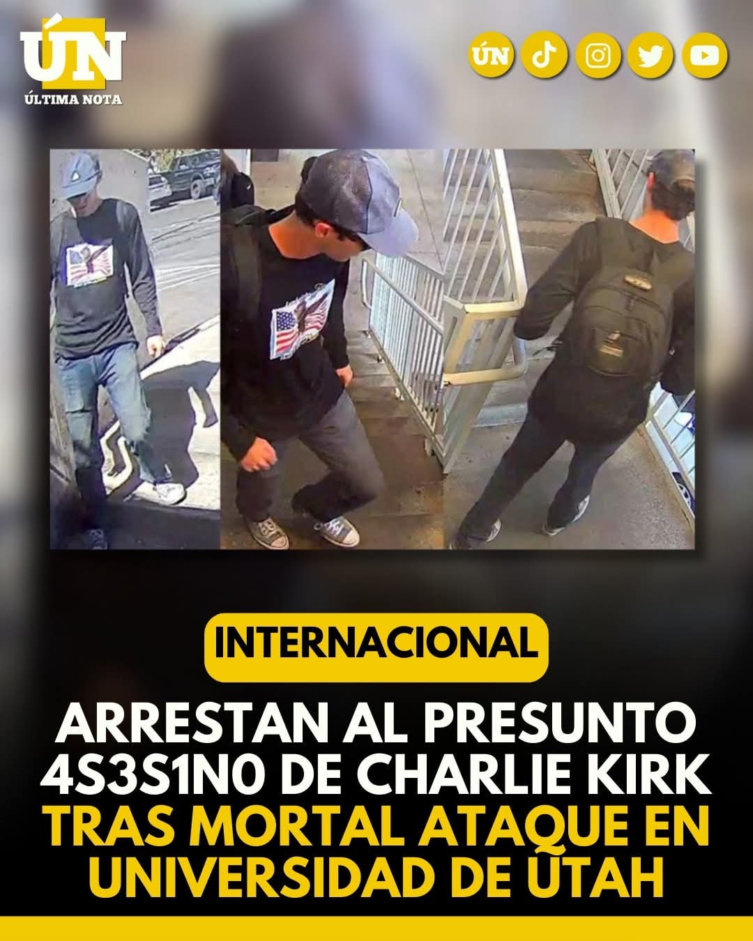 Arrestan al presunto 4s3s1n0 de Charlie Kirk tras mortal ataque en universidad de Utah.