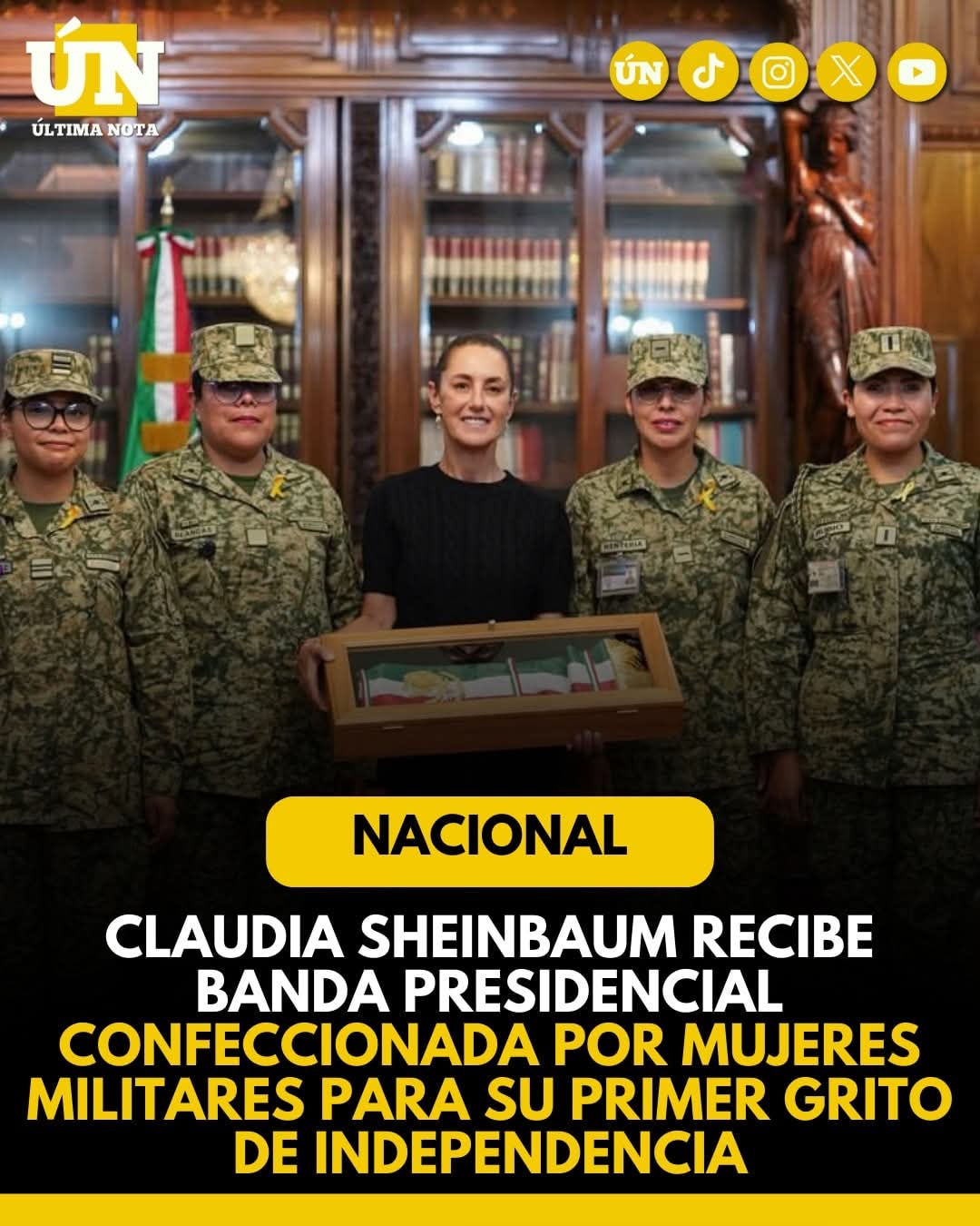 Claudia Sheinbaum recibe Banda Presidencial confeccionada por mujeres militares para su primer Grito de Independencia.