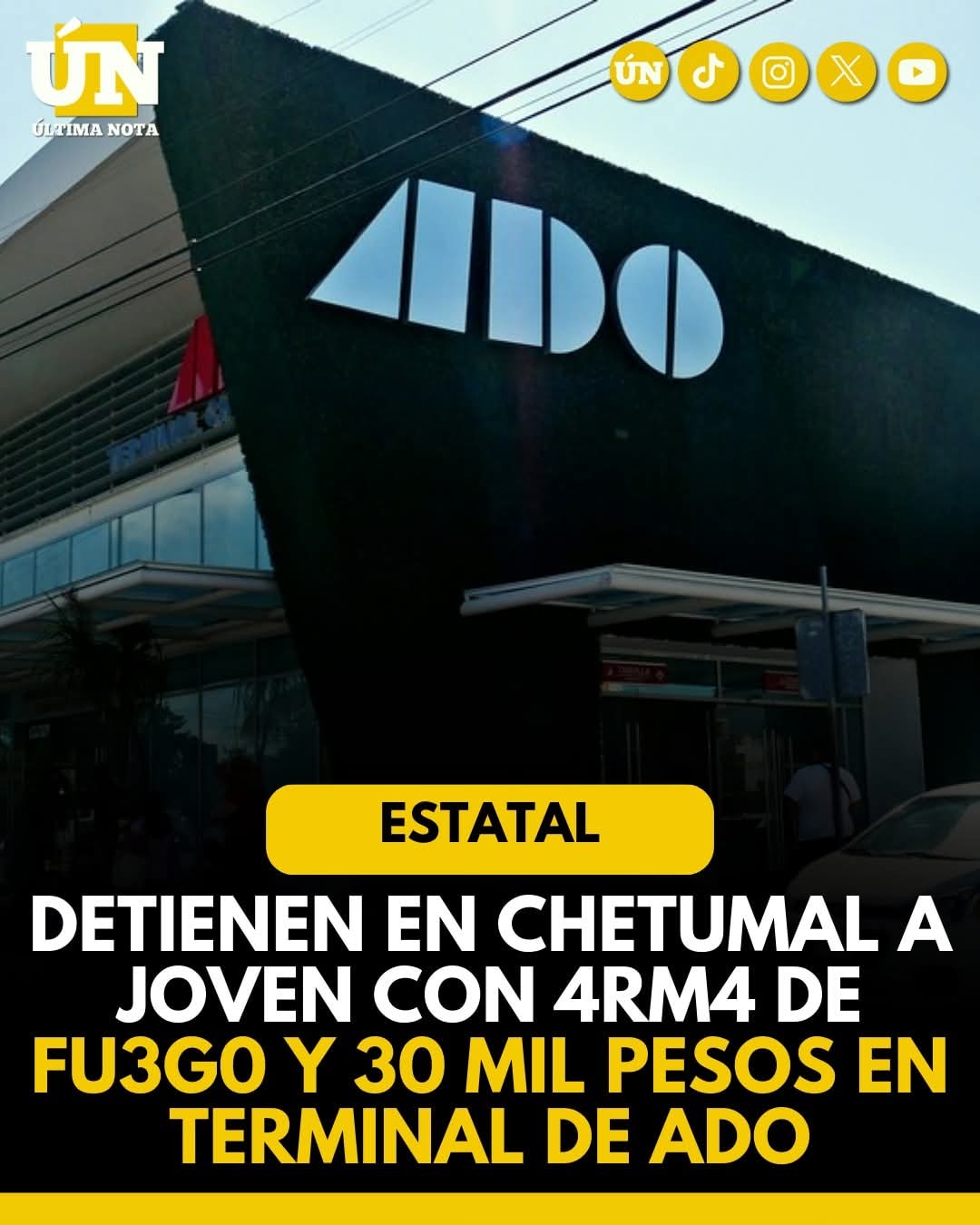 Detienen en Chetumal a joven con 4rm4 de fu3g0 y 30 mil pesos en terminal de ADO.