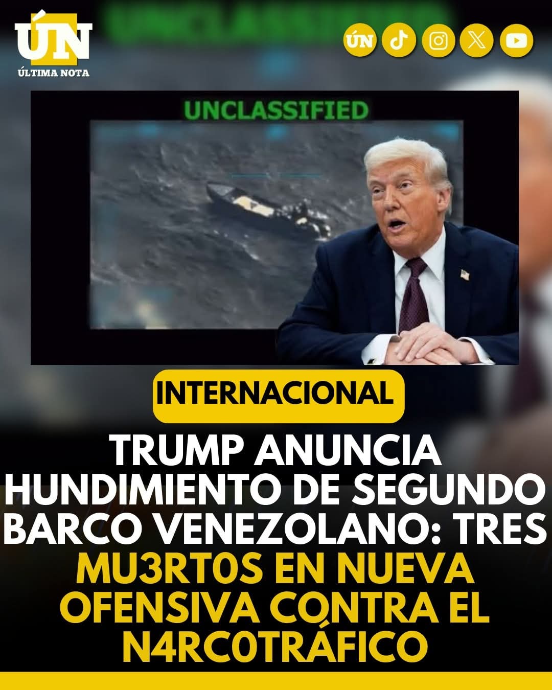 Trump anuncia hundimiento de segundo barco venezolano: tres mu3rt0s en nueva ofensiva contra el n4rc0tráfico.