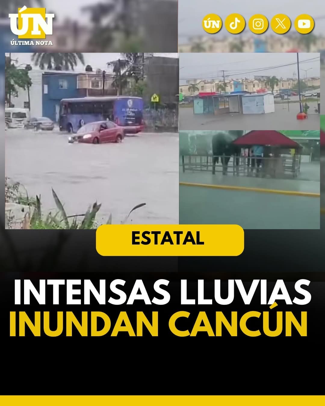 Intensas lluvias inundan Cancún: autos varados y operativo “Tormenta” activado.