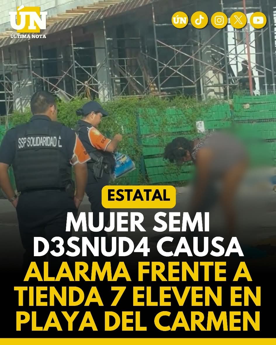 Mujer semi d3sn%ud4 causa alarma frente a tienda 7 Eleven en Playa del Carmen.