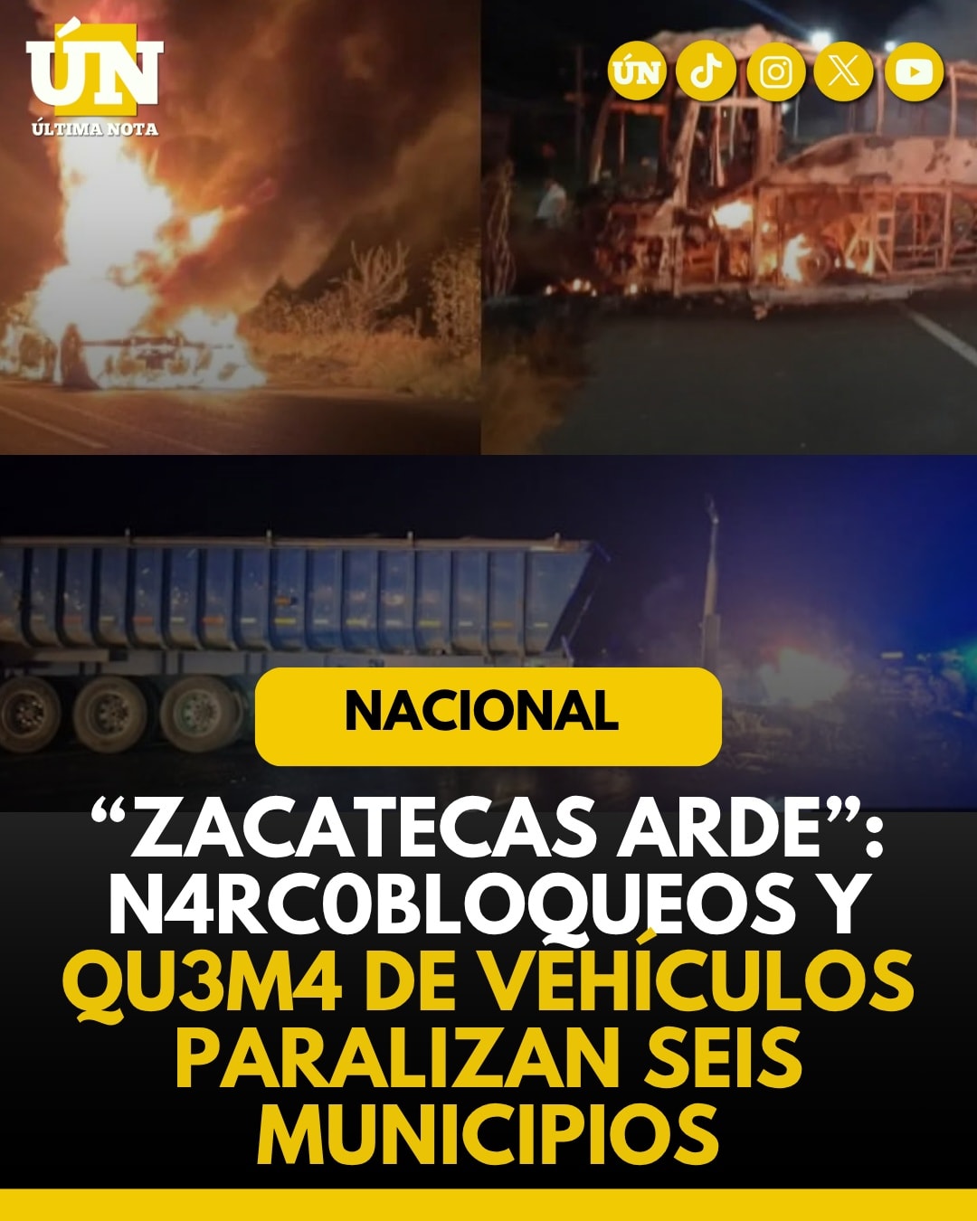 “Zacatecas arde”: n4rc0bloqueos y qu3m4 de vehículos paralizan seis municipios.