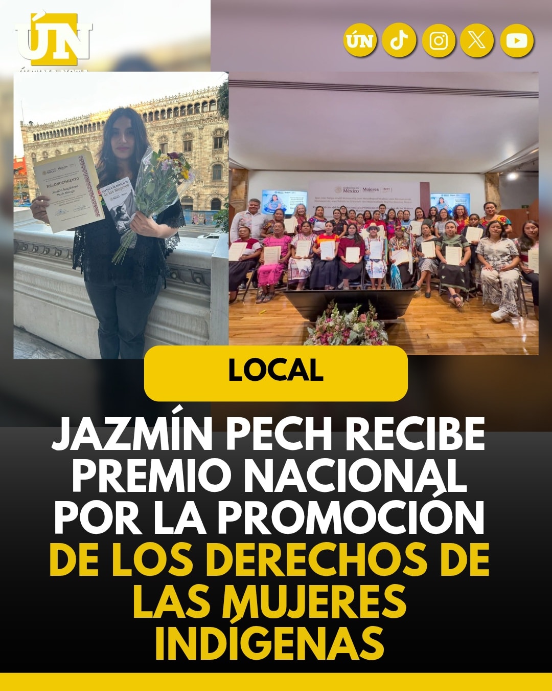 Jazmín Pech recibe premio nacional por la promoción de los derechos de las mujeres indígenas.