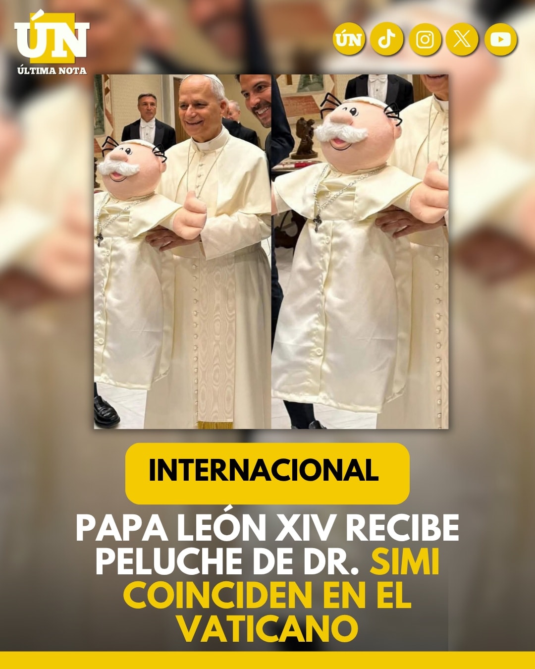 Papa León XIV recibe peluche de Dr. Simi en el Vaticano.
