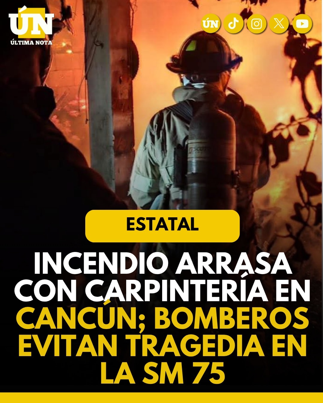 Incendio arrasa con carpintería en Cancún; bomberos evitan tragedia en la SM 75.