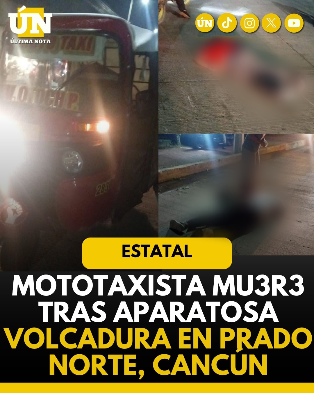 Mototaxista mu3r3 tras aparatosa volcadura en Prado Norte.