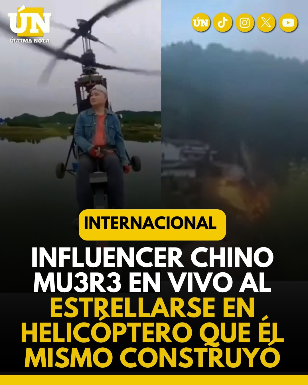 Influencer chino mu3r3 en vivo al estrellarse en helicóptero que él mismo construyó.