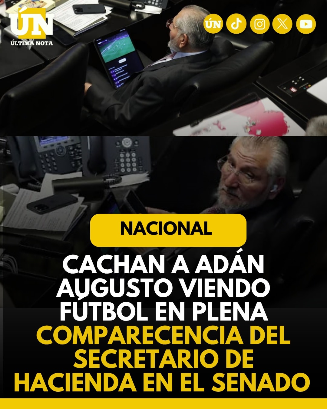 Cachan a Adán Augusto viendo futbol en plena comparecencia del secretario de Hacienda en el Senado.