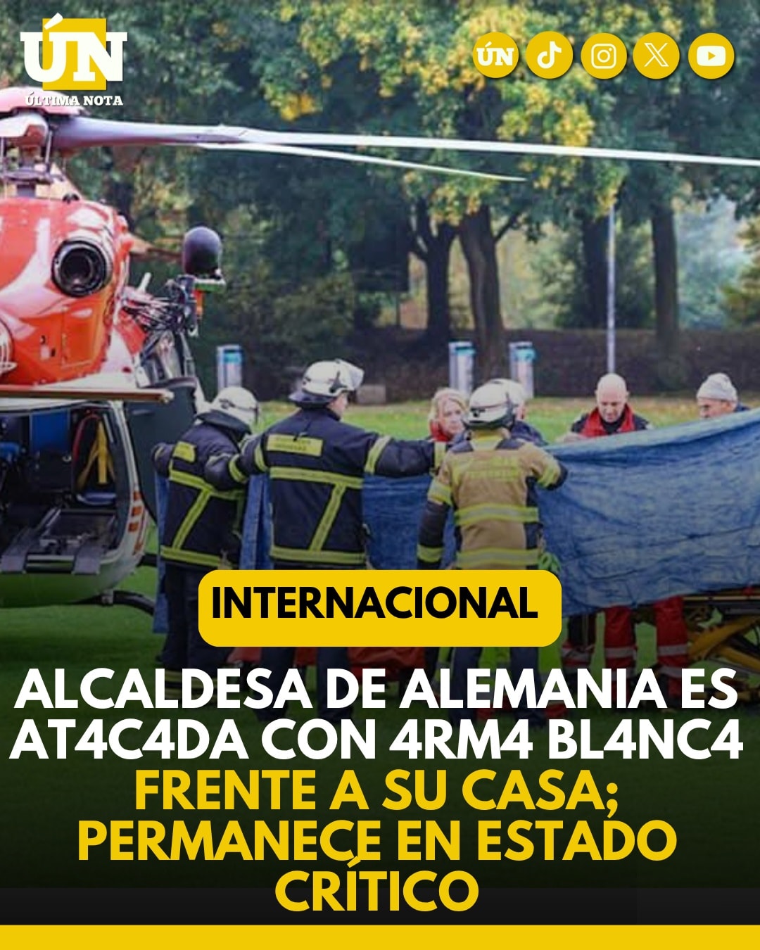 Alcaldesa de Alemania es atacada con 4rm4 blanca frente a su casa; permanece en estado crítico.