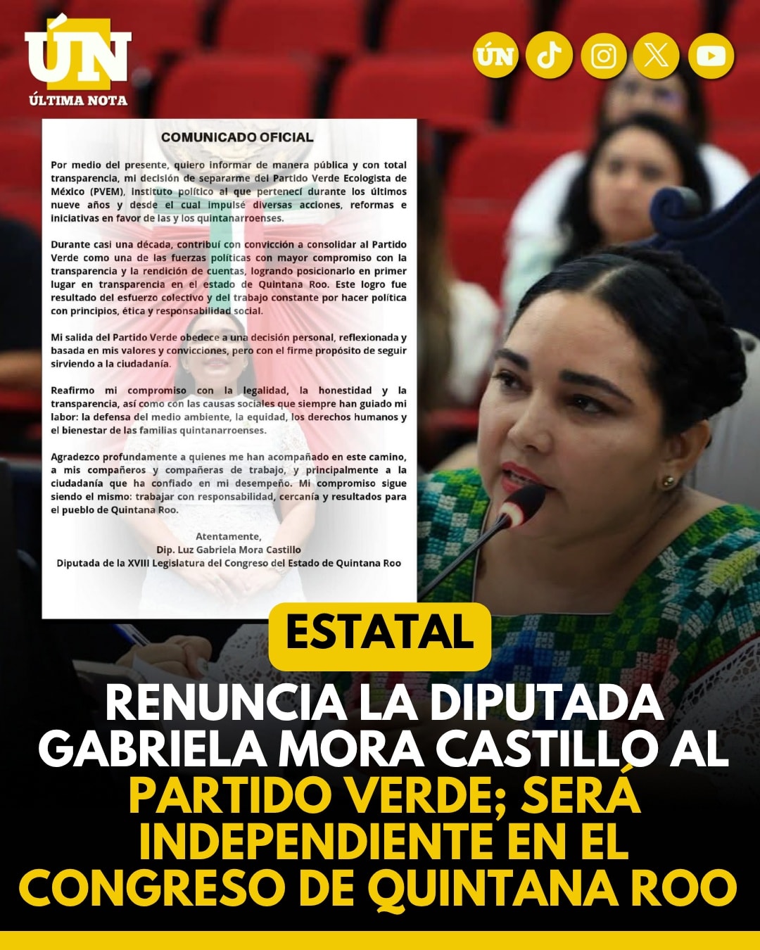 Renuncia la diputada Gabriela Mora Castillo al Partido Verde; será independiente en el Congreso de Quintana Roo.