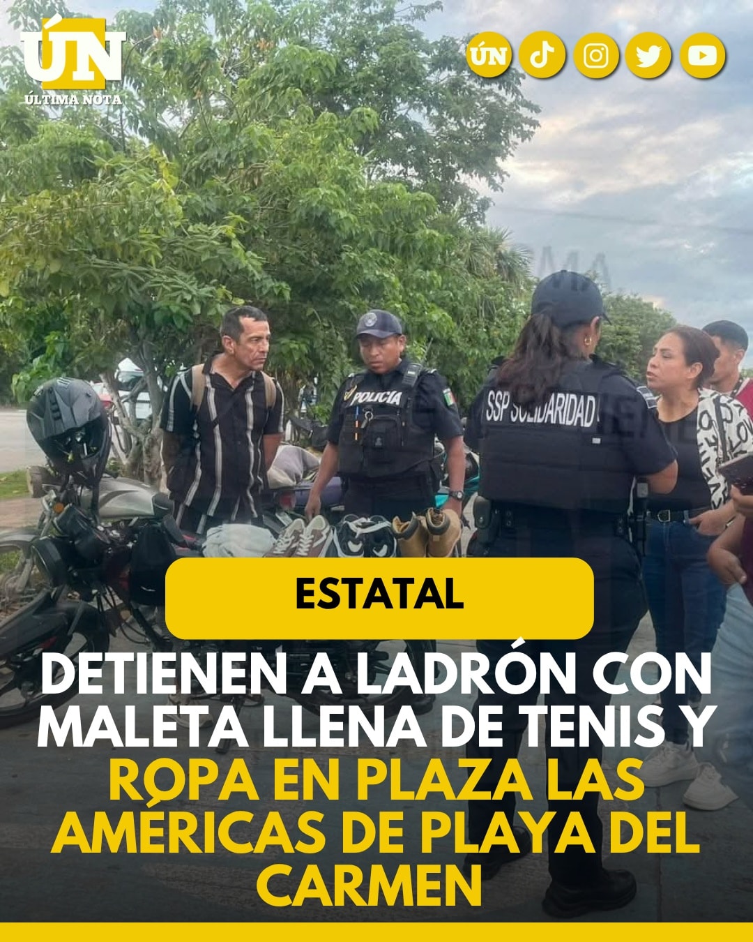 Detienen a ladrón con maleta llena de tenis y ropa en Plaza Las Américas de Playa del Carmen.