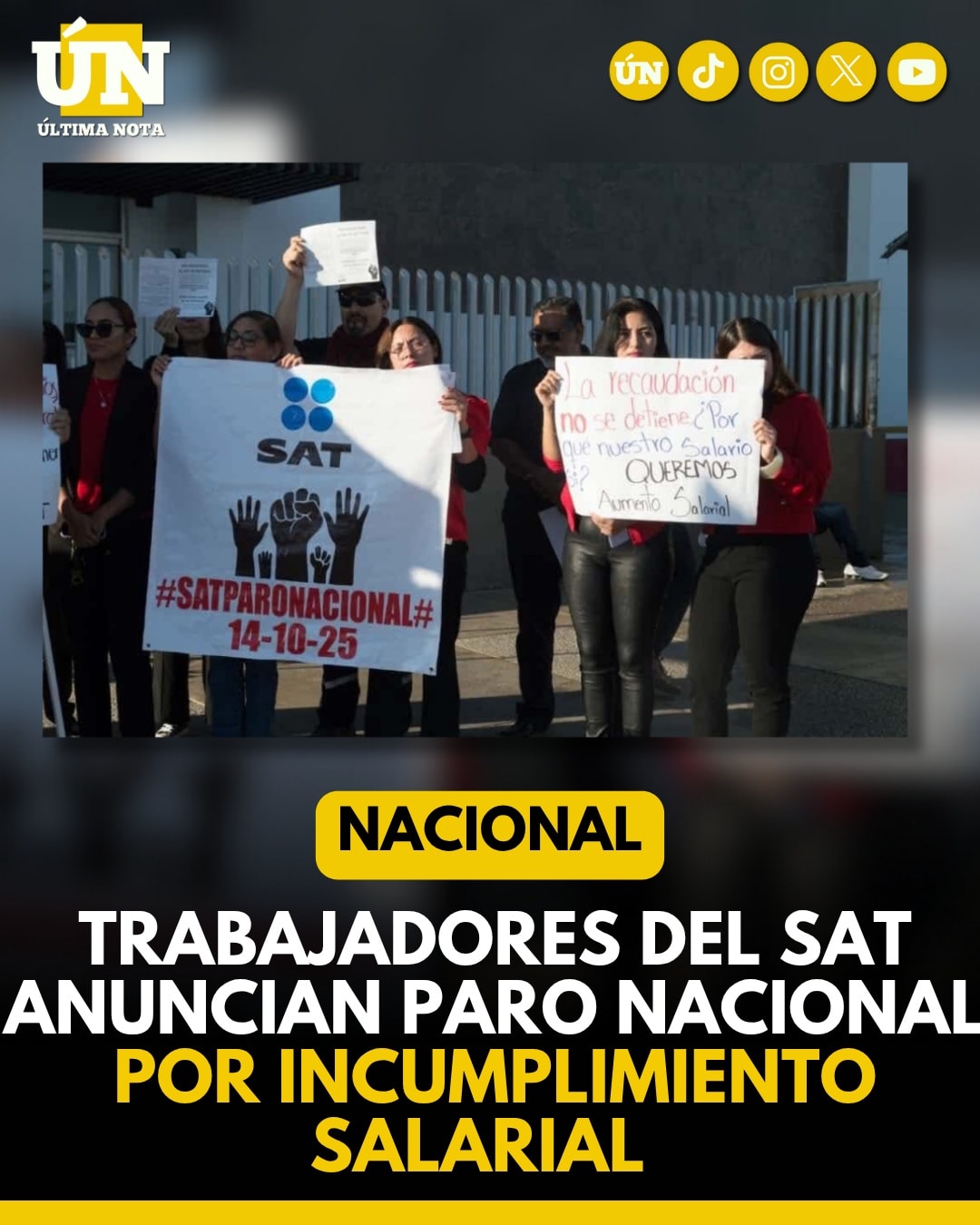 Trabajadores del SAT convocan paro nacional por incumplimiento salarial.