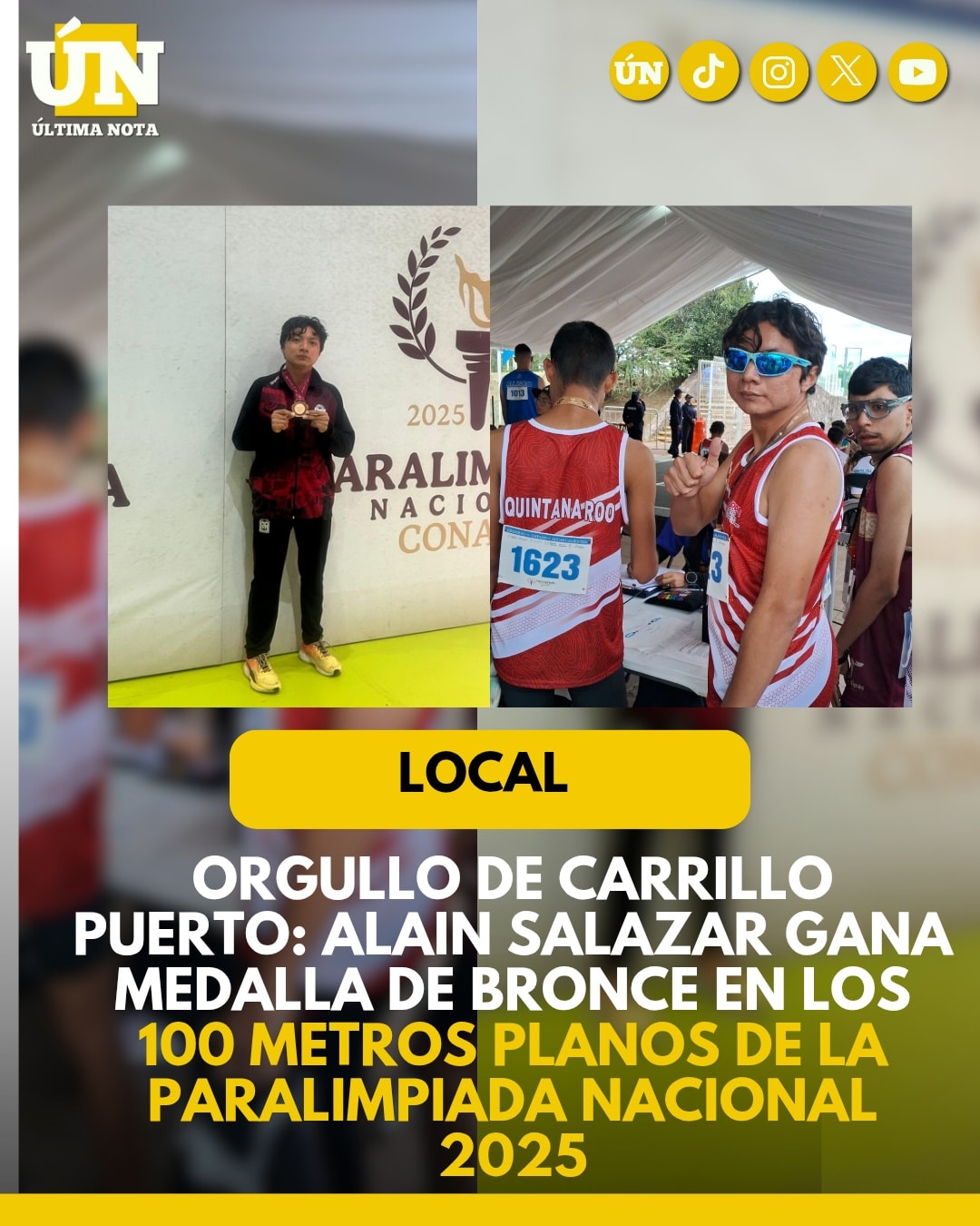 Orgullo de Carrillo Puerto: Alain Salazar conquista medalla de bronce en los 100 metros planos de la Paralimpiada Nacional 2025.