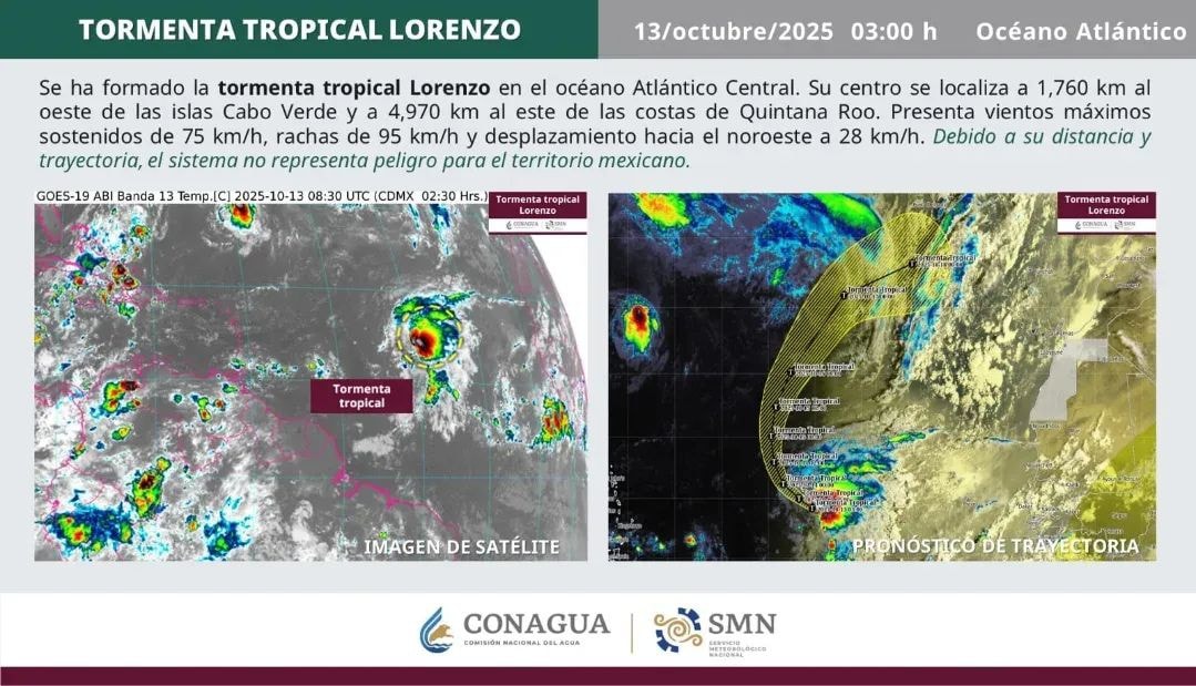 Nace la Tormenta Tropical Lorenzo, pero sin riesgo para Quintana Roo.