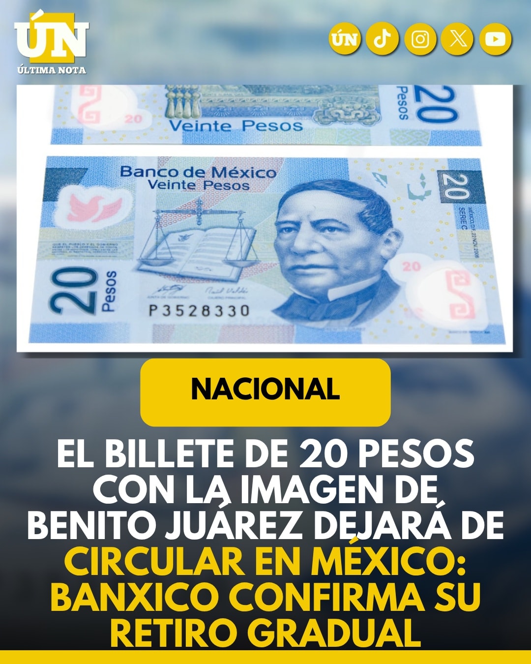 El billete de 20 pesos con la imagen de Benito Juárez dejará de circular en México: Banxico confirma su retiro gradual.