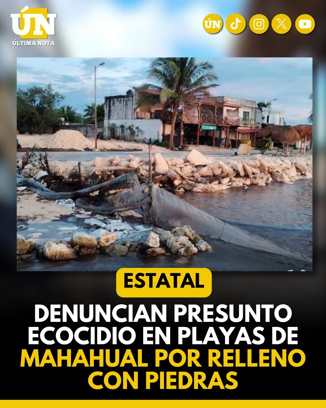 Denuncian presunto ecocidio en playas de Mahahual por relleno con piedras.