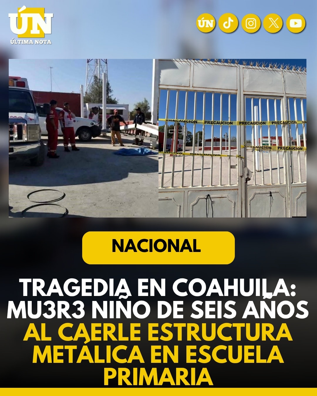 Tragedia en Coahuila: mu3r3 niño de seis años al caerle estructura metálica en escuela primaria.