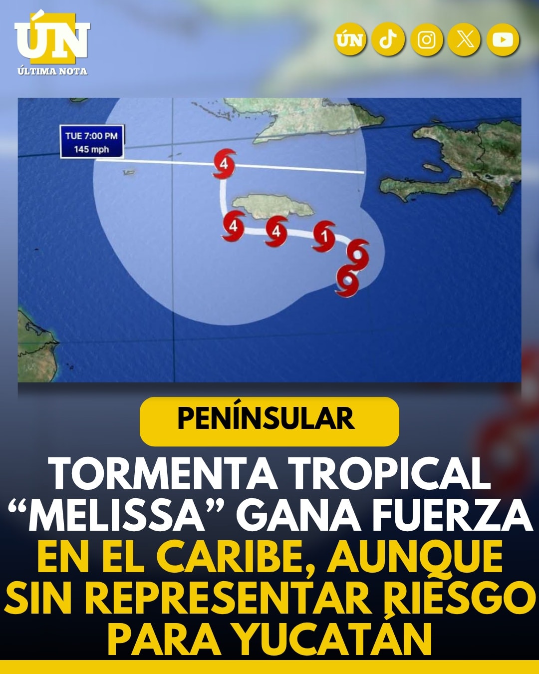 Tormenta tropical “Melissa” gana fuerza en el Caribe, aunque sin representar riesgo para Yucatán.