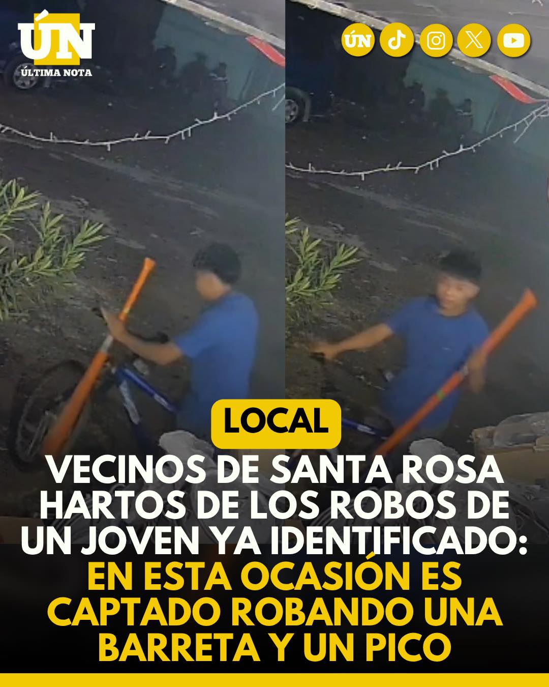 Vecinos de Santa Rosa hartos de los robos de un joven ya identificado: En esta ocasión es captado robando una barreta y un pico.