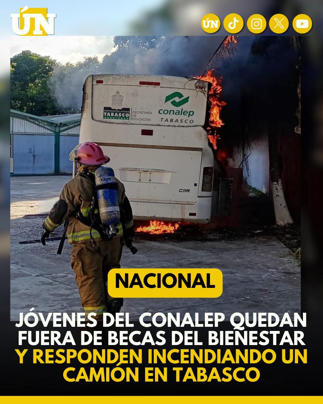 Jóvenes del Conalep quedan fuera de Becas del Bienestar y responden incendiando un camión en Tabasco.