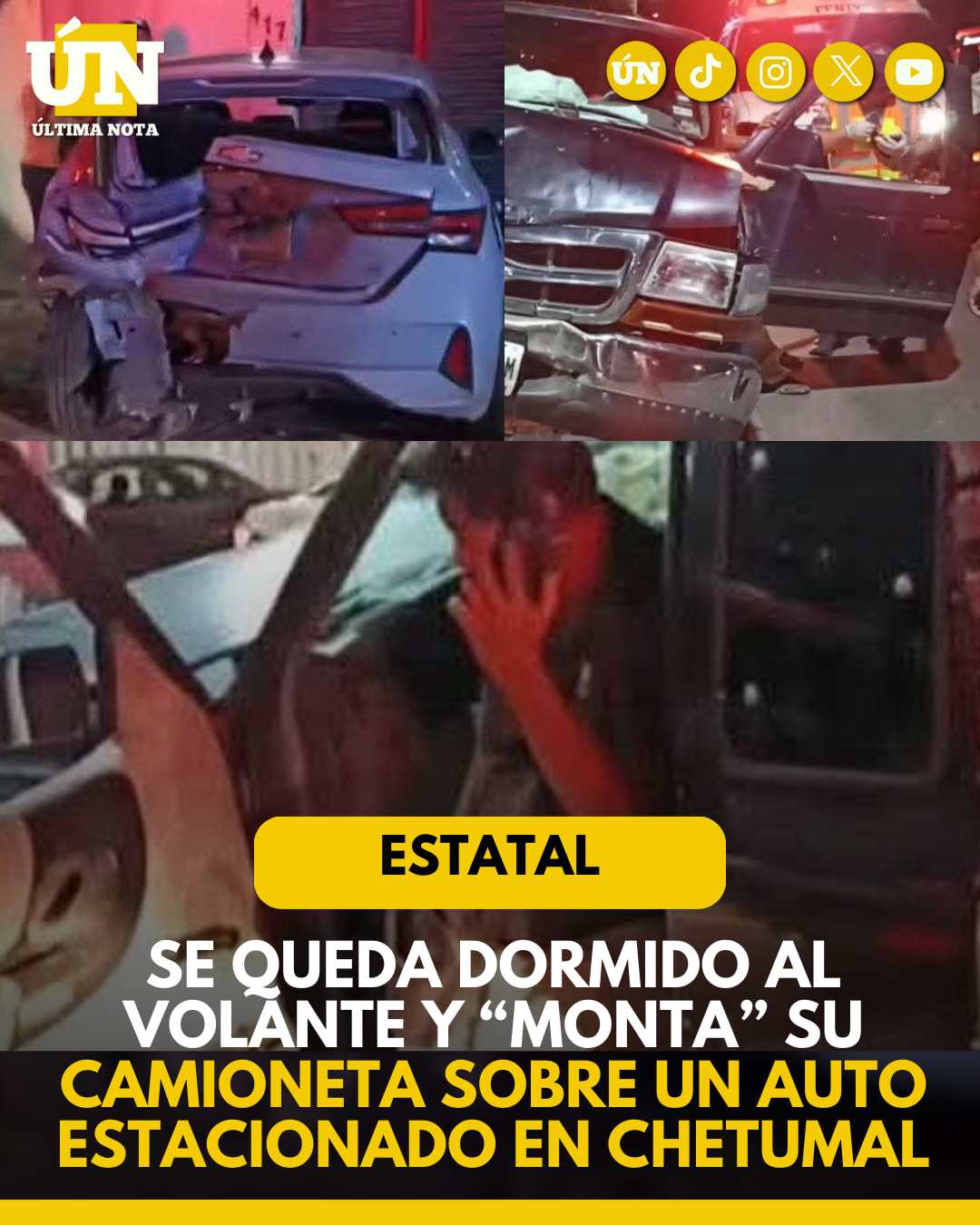 Se queda dormido al volante y “monta” su camioneta sobre un auto estacionado en Chetumal.