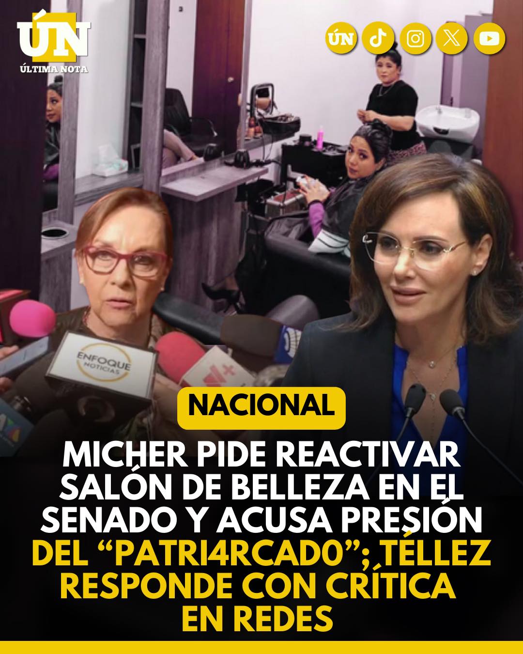Micher pide reactivar salón de belleza en el Senado y acusa presión del “patriarcado”; Téllez responde con crítica en redes