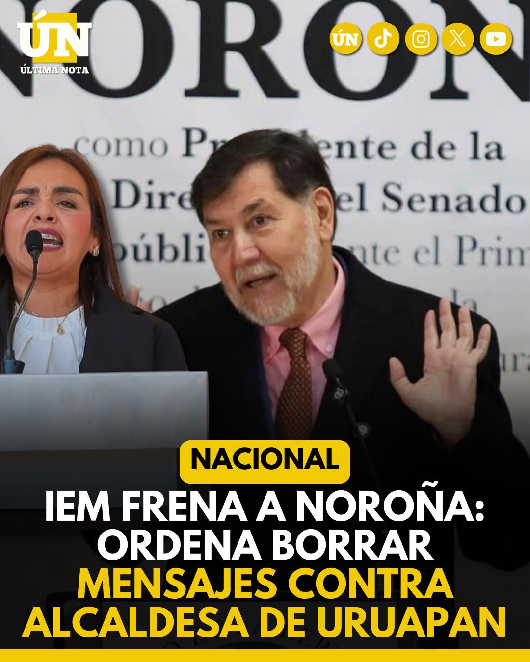 IEM frena a Noroña: ordena borrar mensajes contra alcaldesa de Uruapan