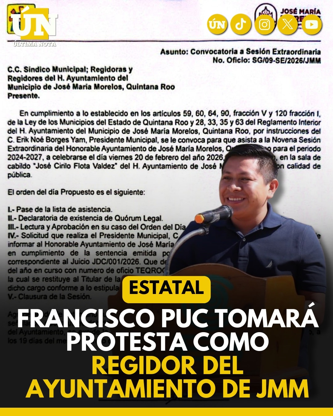 Convocan a sesión extraordinaria para restituir a Francisco Puc como Séptimo Regidor en José María Morelos