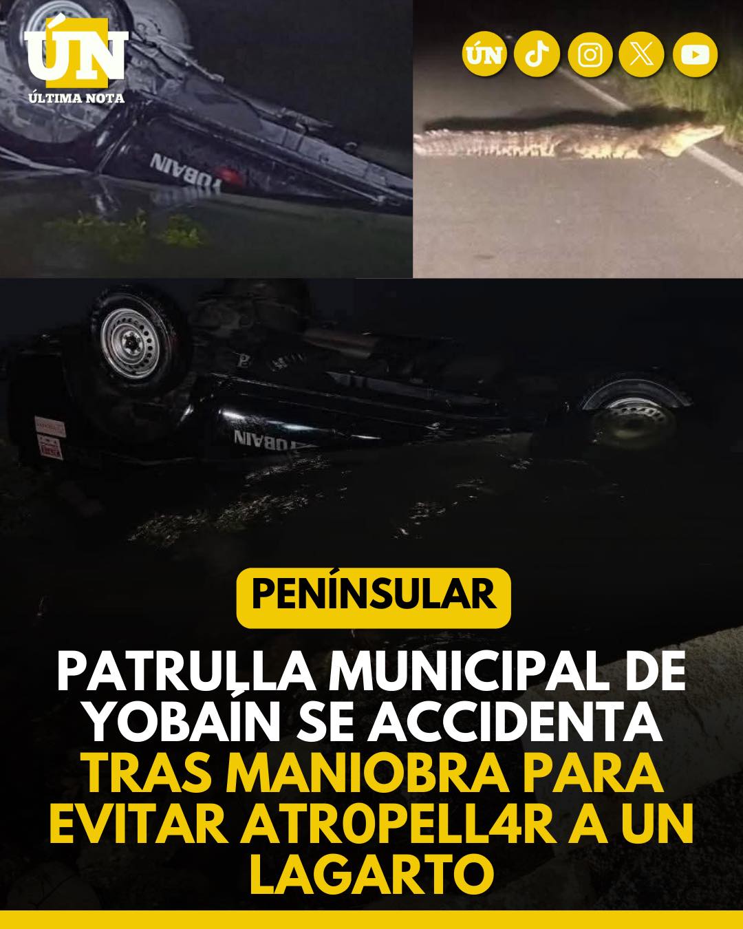 Patrulla municipal de Yobaín se accidenta tras maniobra para evitar atropellar a un lagarto